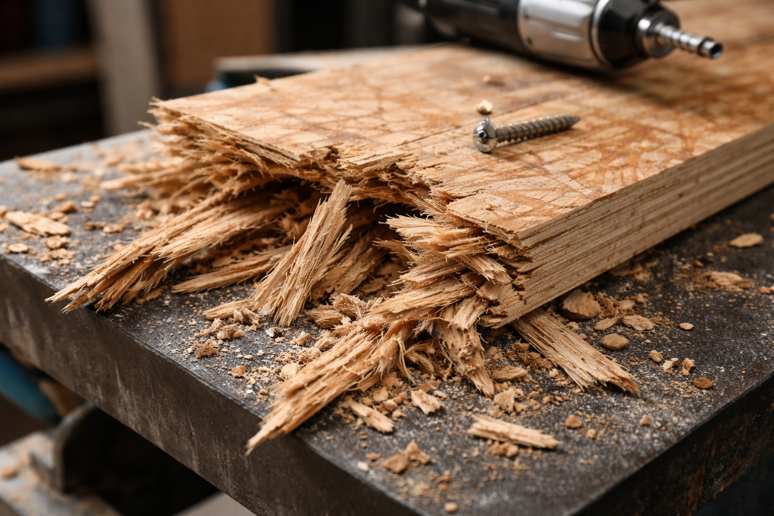 Damaged plywood with delamination and splinters